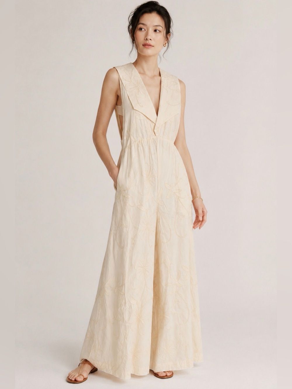 Ollari New York Yvette Embroidered Wide Leg Jumpsuit Sand (Pale Yellow) S NWT